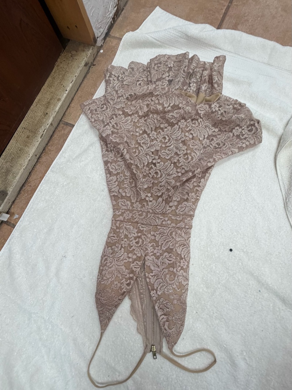 Strapless Lace Evening Dress in Dusty Rose